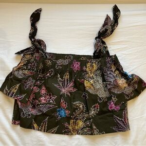 Sandro Paris Dark Green floral tie off the shoulder top